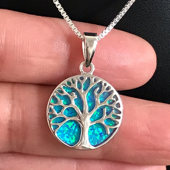 Sterling Silver Blue Opal Tree Of Life Necklace - Picture 4 of 8
